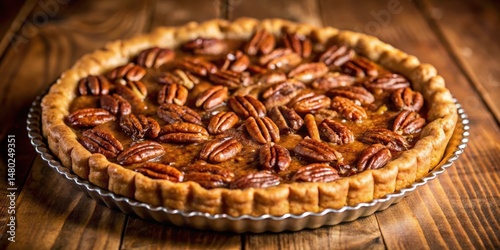 A golden brown pecan pie with a flaky crust sits atop a rustic wooden table, its sweet aroma inviting a taste of autumnal indulgence.