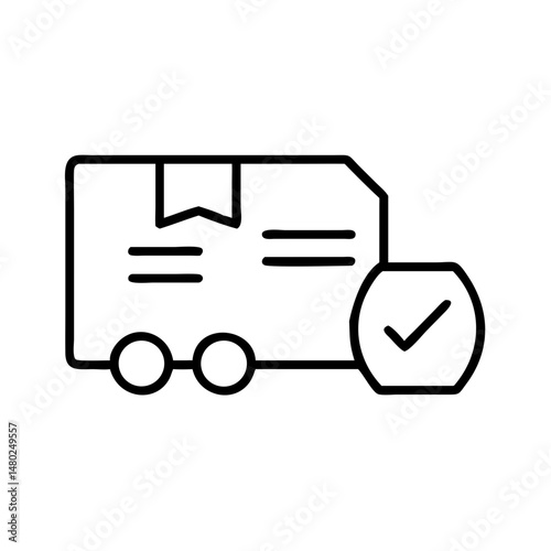 line icon of delivery truck with package and checkmark, representing reliable shipping and order fulfillment, black and white minimal vector