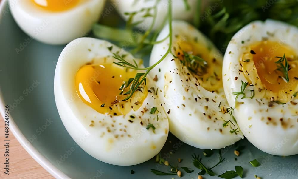 Sliced Hard Boiled Eggs with Golden Yolks Dill and Cracked Pepper on Light Green Plate Creating an Appetizing and