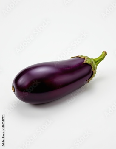 a purple eggplant, white background, shiny skin, elongated shape, 4k resolution