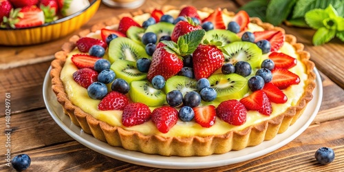 A Freshly Baked Tart Topped with Slices of Kiwi, Strawberries, and Blueberries, Nestled on a Rustic Wooden Table