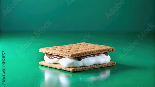 A perfectly crafted s'more with toasted marshmallow, melted chocolate, and crispy graham crackers on a green surface