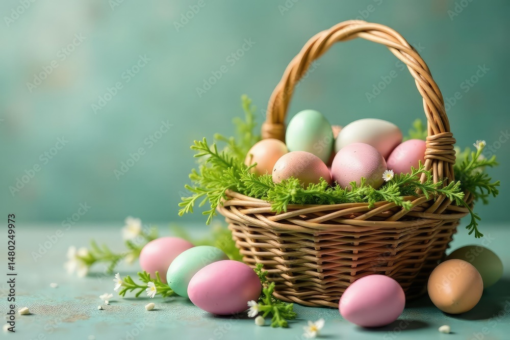 Naklejka premium Rustic woven Easter basket filled with pastel eggs and greenery , stylish, floral
