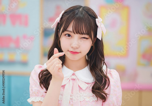 キュートなウインクとハートポーズのアイドル風ポートレート