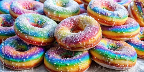 A Stack of Rainbow-Colored Donuts Topped with Powdered Sugar, Capturing a Burst of Sweetness and Delight