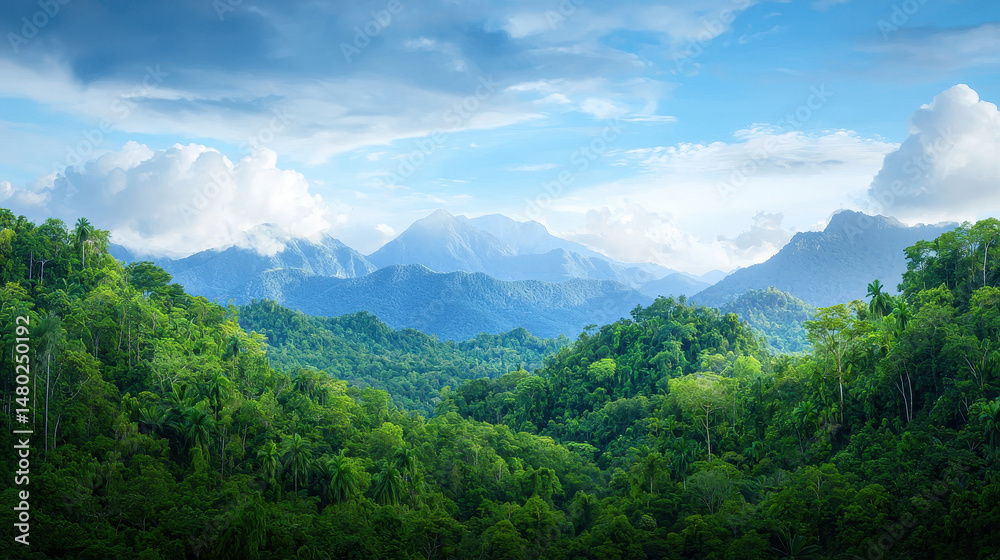 Breathtaking view of majestic mountains surrounded by lush green forests and vibrant foliage under clear blue sky Breathtaking view of majestic mountains surrounded by lush green forests and vibrant foliage under clear blue sky