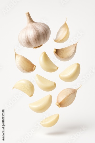 Whole and Peeled Garlic Cloves Floating on White Background