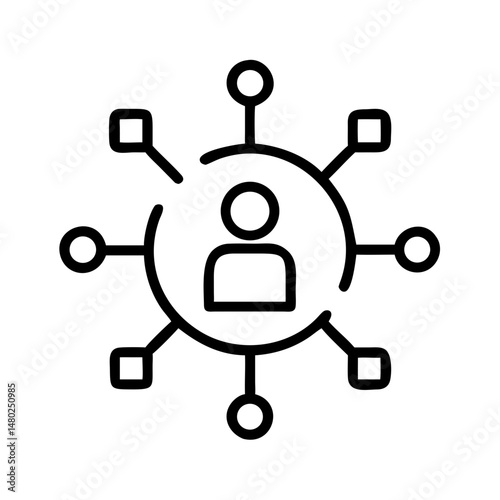 line icon showing customer in center of digital touchpoints, omnichannel experience concept, black and white minimal vector illustration