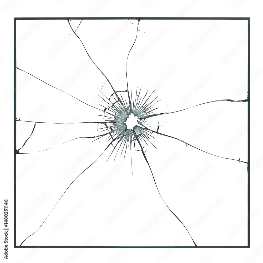 Fototapeta Square fractured glass centered with splintering cracks radiating outward against black backdrop