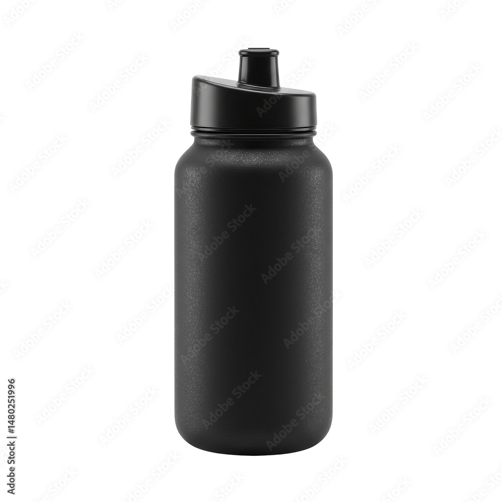 Black cylindrical bottle with a lid and nozzle on a black background in center frame Black cylindrical bottle with a lid and nozzle on a black background in center frame