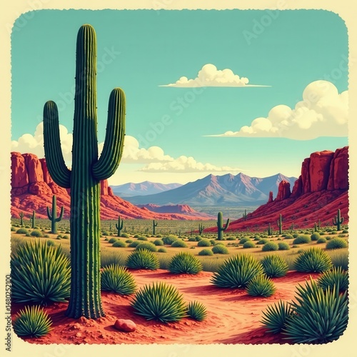 Vintage woodcut style cactus in desert landscape, western, desert landscape, engraving