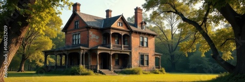 Weathered antebellum mansion, crumbling facade , eerie, architecture