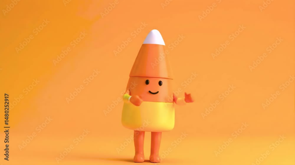 3D rendering of Adorable and cute candy corn character in a cheerful Halloween costume, waving against a vibrant orange background. Seamless loop videos