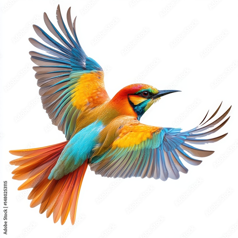 Fototapeta premium Multicolored Bird in Dynamic Flight Against White Background