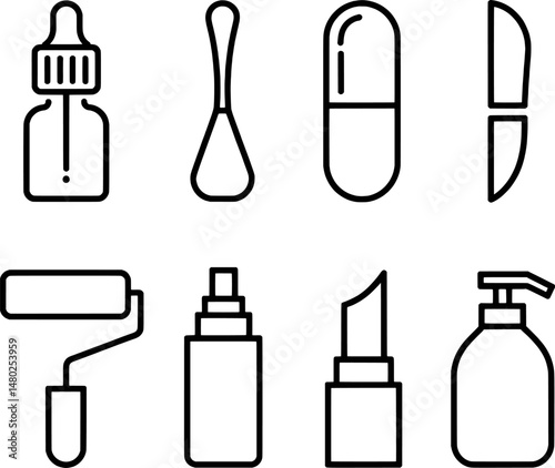 Minimalist outline icons of cosmetics beauty products and pharmaceutical related objects