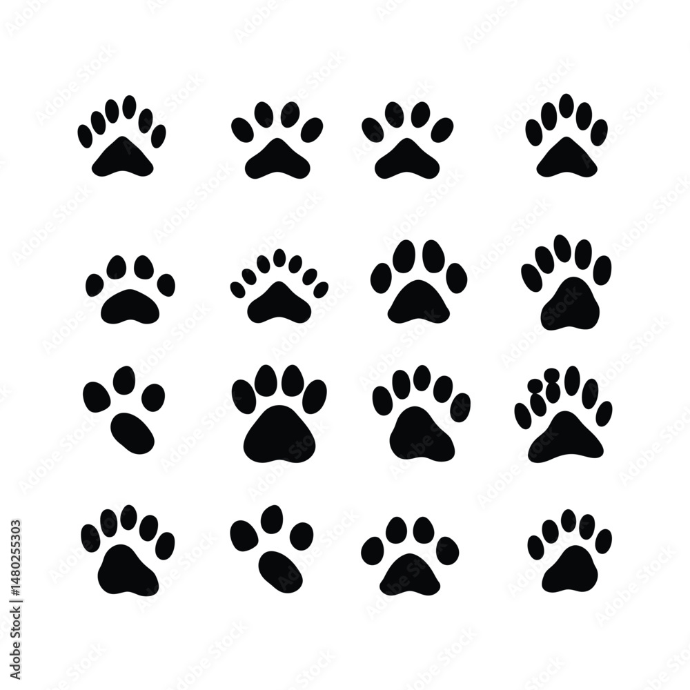 Fototapeta premium Animal Footprints Silhouette Clipart Set Black on White Background