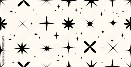 Y2k Retro Starburst and Sparkle Vector Repeat Design.Minimalist Black Star Icons Patterned Background for print,wallpaper,paper,backdrop,textile fashion design. Seamless pattern of black star shapes