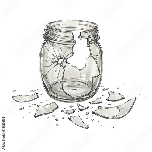A sketched broken glass jar surrounded by shattered fragments, indicating damage and fragility
