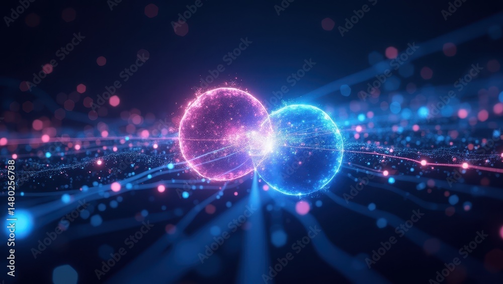 Obraz premium Futuristic representation of quantum entanglement showcasing particles spinning in opposite directions