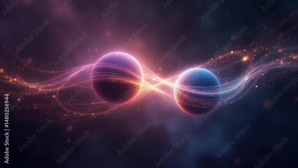 Surreal artistic representation of quantum entanglement showcasing synchronized particles in a vibrant cosmic environment Surreal artistic representation of quantum entanglement showcasing synchronized particles in a vibrant cosmic environment