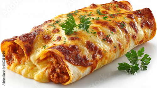 Close up of Two Golden Brown Cheesy Enchiladas with Parsley Garnish on White Background
