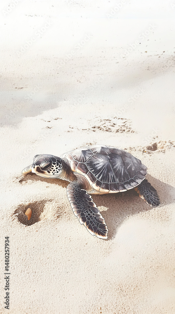Obraz premium Watercolor turtle animal at the shore beach, serene ocean scene nature viewpoint concept
