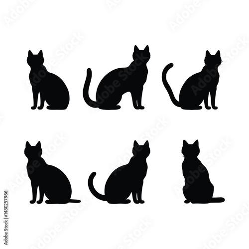 Bella Cat Silhouette Clipart Set Black on White Background