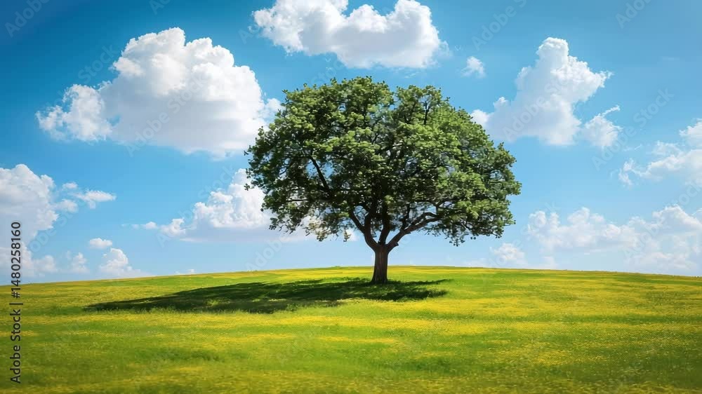 Lone Tree Field Blue Sky Cloud Drone View Lone Tree Field Blue Sky Cloud Drone View