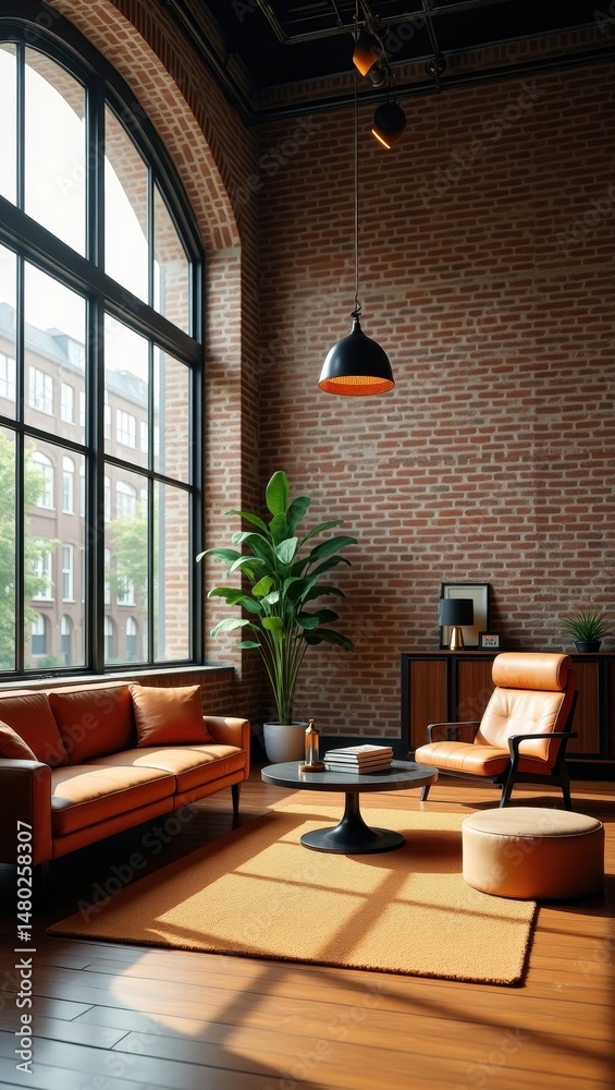 Fototapeta premium Vibrant modern interior with warm tones and natural light in an urban loft