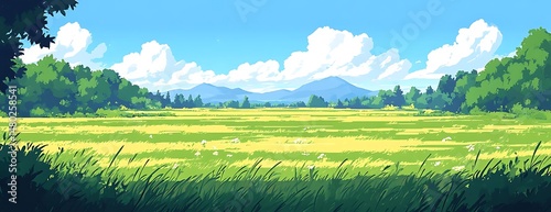 Sunny field, mountains, summer. Nature background