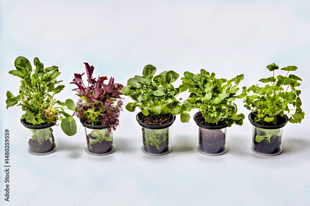 Fototapeta premium Vibrant assortment of leafy greens in clear pots, showcasing freshness and health.