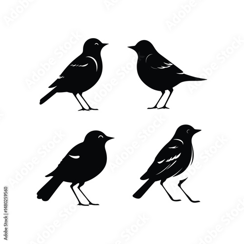 Lark Bird Silhouette Clipart Set Black on White Background