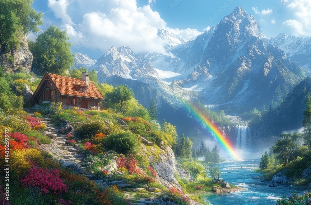 Fototapeta premium Cottage scene with mountains, vibrant nature