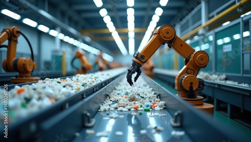 Wallpaper Mural Futuristic recycling facility utilizes robotic arms for efficient sorting of plastic waste in high tech environment Torontodigital.ca