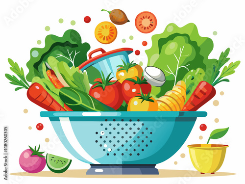 A colander with fresh vegetables being washed. White background, clean and healthy food prep scene