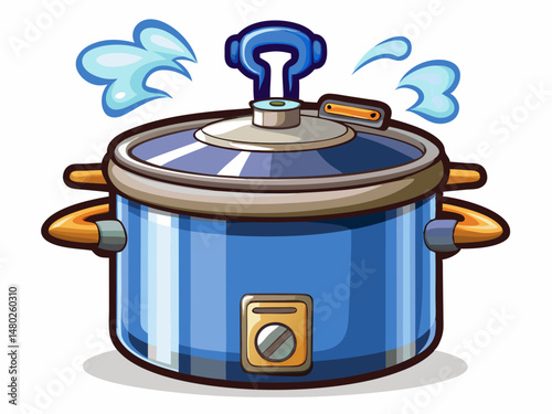 A pressure cooker with steam rising from the lid. White background, home cooking appliance illustration