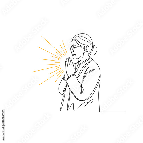 Senior woman praying with light in minimalist line art style  