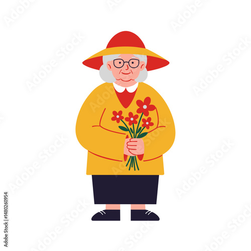 Senior woman holding flowers while wearing a red hat and yellow sweater  