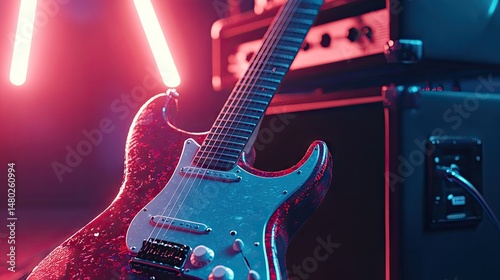 Electric guitar and amplifier in neon light setting.