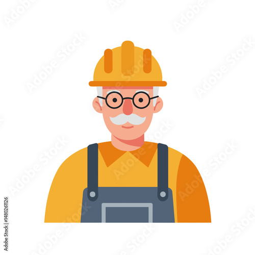 Elderly builder wearing hard hat and glasses in work attire  