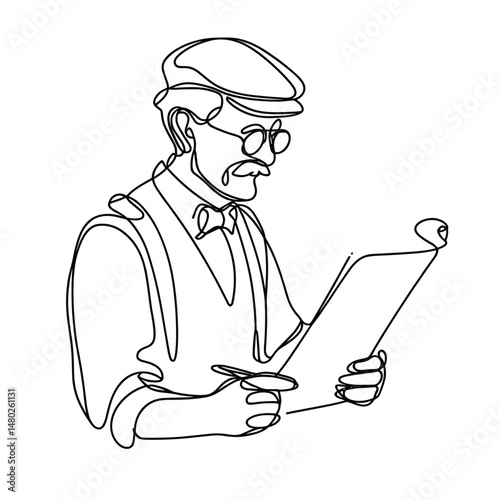 Elderly engineer examining blueprint while wearing spectacles and cap  