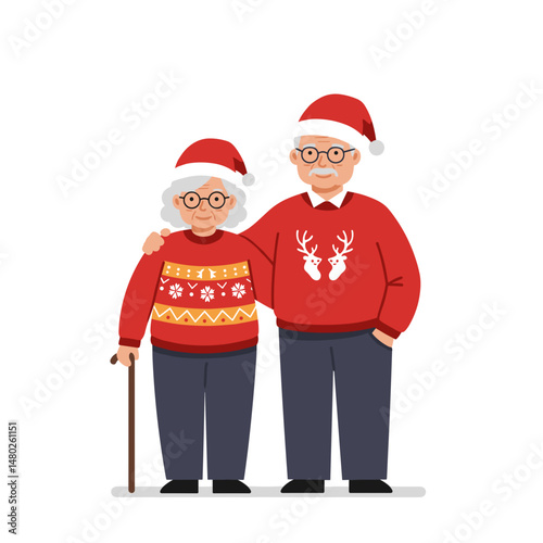Elderly couple wearing holiday sweaters and Santa hats together