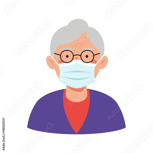 Elderly man wearing glasses and medical mask with gray hair  