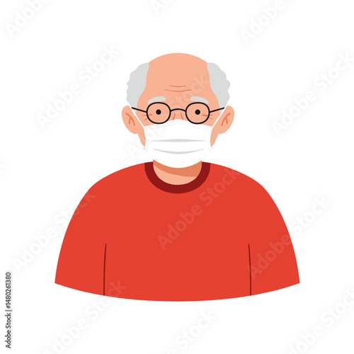 Elderly man wearing glasses and medical mask in a red shirt  