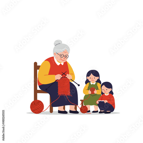 Elderly woman knitting for family