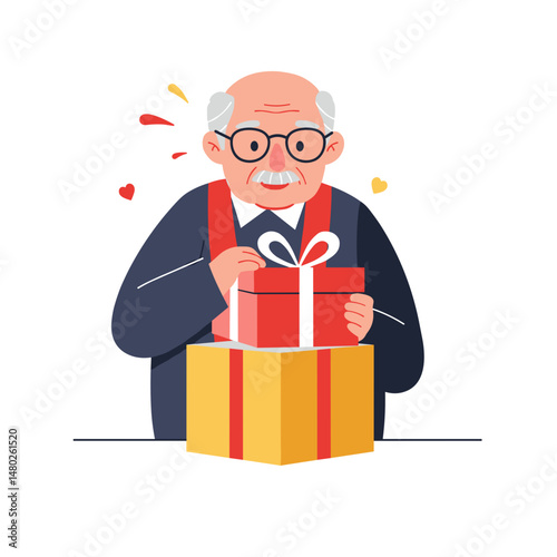 Elderly man opening a colorful gift box with joyful expression  