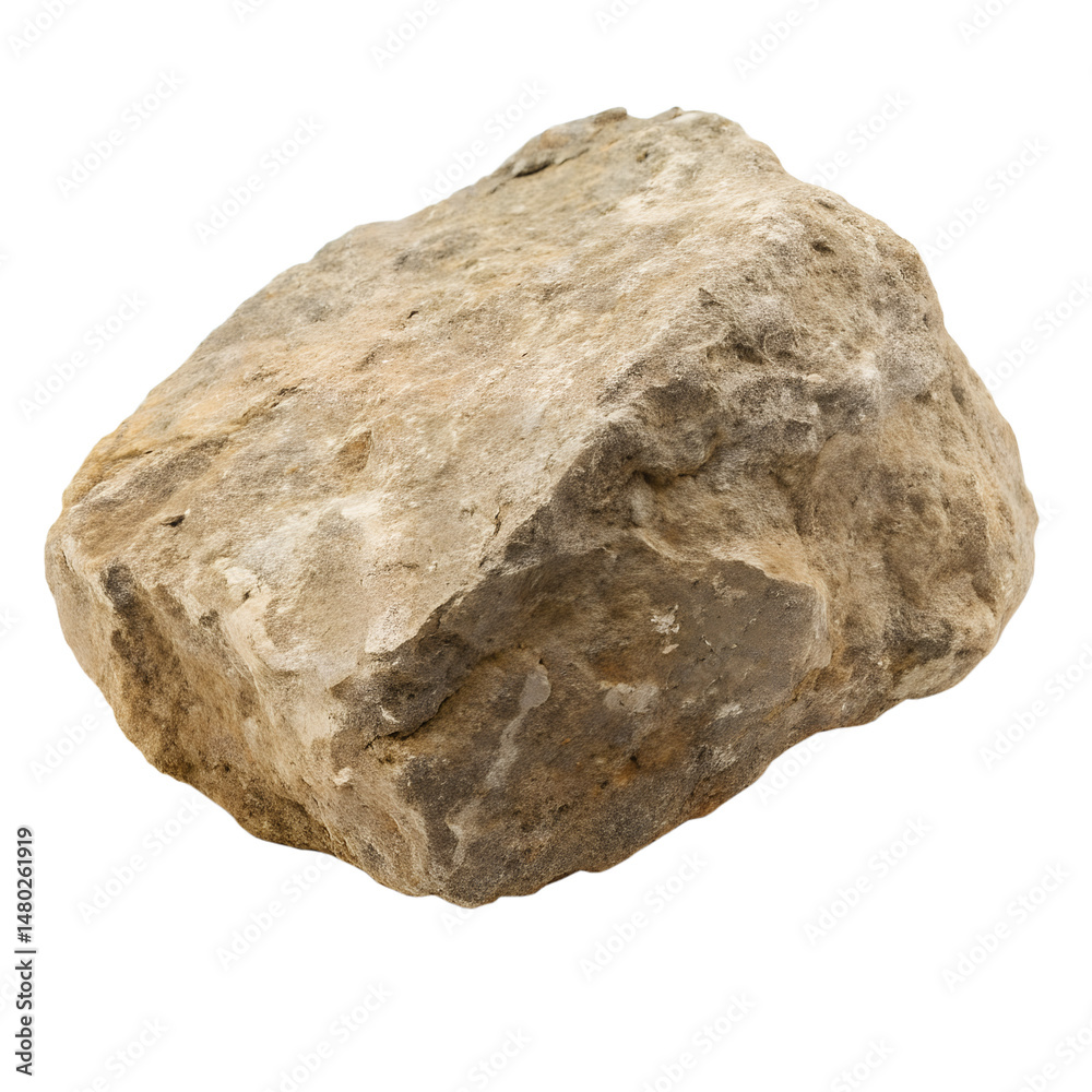 Fototapeta premium A big rock with rough texture, light brown and gray tones, casting a soft shadow on a ransparent background