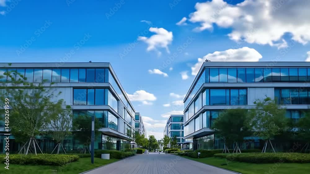 Modern Corporate Buildings with Symmetrical Facade Under Clear Blue Sky and Green Landscape Architecture In Outdoor Modern Corporate Buildings with Symmetrical Facade Under Clear Blue Sky and Green Landscape Architecture In Outdoor