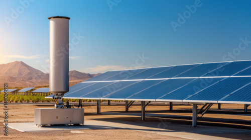 Solar energy system featuring photovoltaic panels and thermal energy storage unit, showcasing renewable energy technology in desert landscape