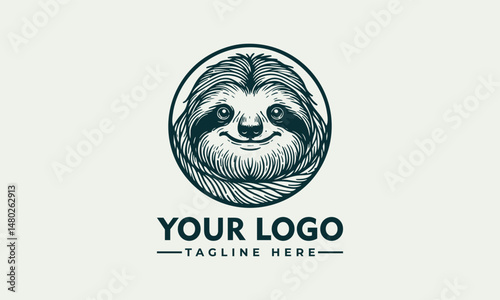 Charming Line Art Illustration of a Smiling Sloth Hanging from a Branch within a Circular Frame. Animal Illustration Concept.